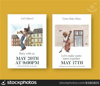 Invitation card template with diverse music on street concept,watercolor style 
