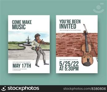 Invitation card template with diverse music on street concept,watercolor style
