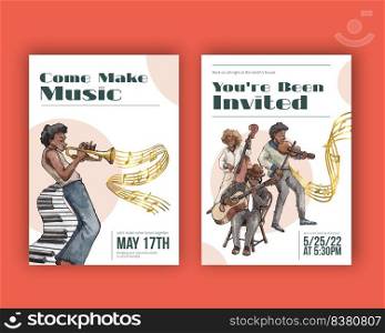 Invitation card template with diverse music on street concept,watercolor style
