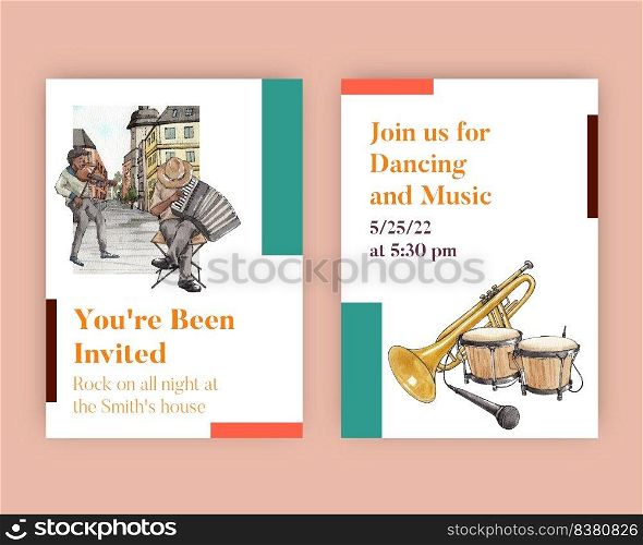 Invitation card template with diverse music on street concept,watercolor style 