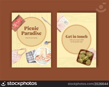 Invitation card template with European picnic concept design for party and meeting watercolor vector illustration.
