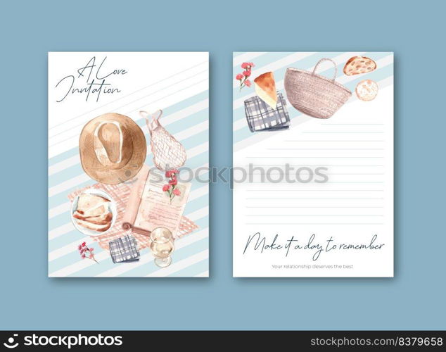 Invitation card template with European picnic concept design for party and meeting watercolor vector illustration. 