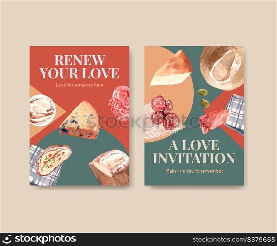 Invitation card template with European picnic concept design for party and meeting watercolor vector illustration. 