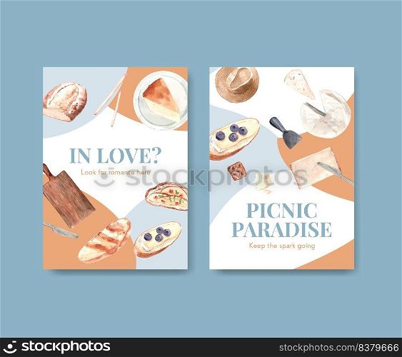 Invitation card template with European picnic concept design for party and meeting watercolor vector illustration. 