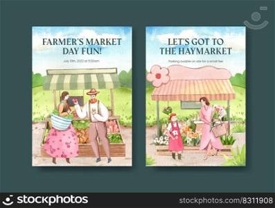 Invitation card template with farmer market concept,watercolor 