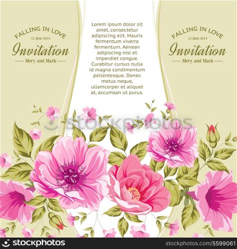 Invitation card template with flowers of peonies. Vector illustration.