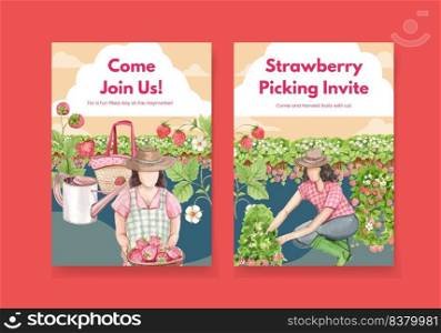 Invitation card template with strawberry harvest concept,watercolor style  