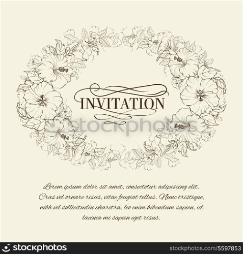 Invitation card with blooming hibiscus. Vector illustration.