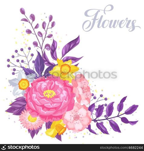 Invitation card with decorative delicate flowers. Image for wedding invitations, romantic cards, posters.