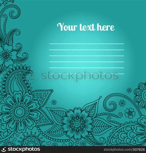 Invitation card with floral paisley pattern on blue background. Card with floral paisley pattern
