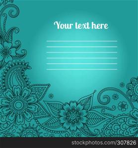 Invitation card with floral paisley pattern on blue background. Card with floral paisley pattern