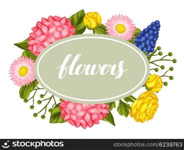 Invitation card with garden flowers. Decorative hortense, ranunculus, muscari and marguerite. Image for wedding invitations, romantic cards, posters.