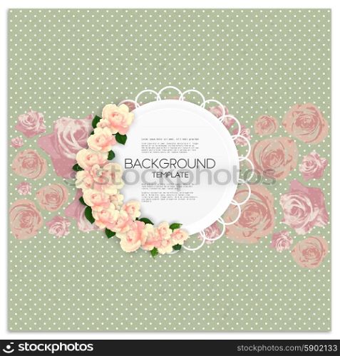 Invitation card with place for text and pink flowers over green dotted background, canvas texture. Vector illustration.