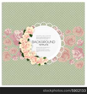 Invitation card with place for text and pink flowers over green dotted background, canvas texture. Vector illustration.