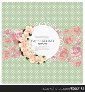 Invitation card with place for text and pink flowers over green dotted background, vector illustration.