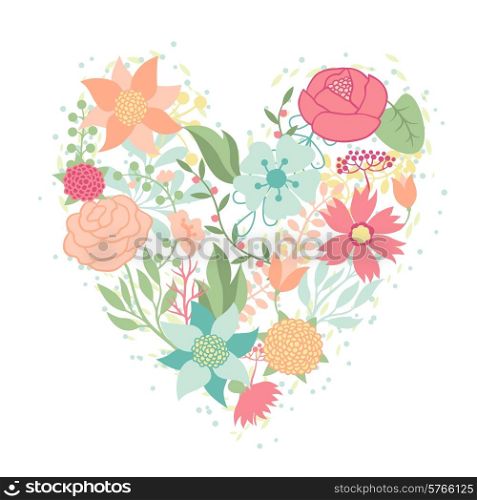 Invitation card with pretty stylized flowers in heart shape.