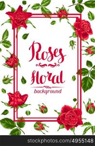 Invitation card with red roses. Beautiful realistic flowers, buds and leaves. Invitation card with red roses. Beautiful realistic flowers, buds and leaves.