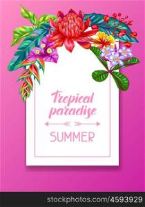 Invitation card with Thailand flowers. Tropical multicolor plants, leaves and buds.