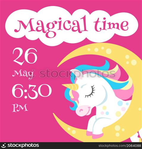 Invitation card with unicorn. Cute magic animal on banner template isolated on white background. Invitation card with unicorn. Cute magic animal on banner template