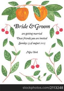 Invitation card with watercolor elements. Vector illustration. Wedding card with cherry, leaves and peaches.