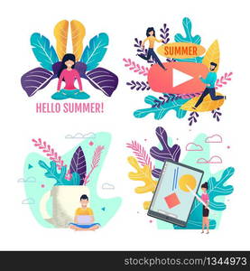 Invitation Cards Set. Active Summer and Meditation. Work and Recreation Association. Freelance and Vacation Union. People Character and Summertime Activities. Vector Illustration in Flat Cartoon Style. Active Summer and Freelance Invitation Cards Set