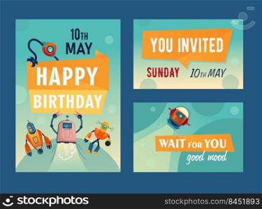 Invitation cards set with cartoon robots. Machines, cyborgs, assistants vector illustrations with text and date. Robotics and machinery club concept for announcement posters and greeting cards design