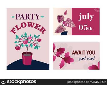 Invitation cards set with home plants. Fruit tree in pot, peace lily, oak branch vector illustrations with text and date. Flora and gardening concept for party flyers and posters design