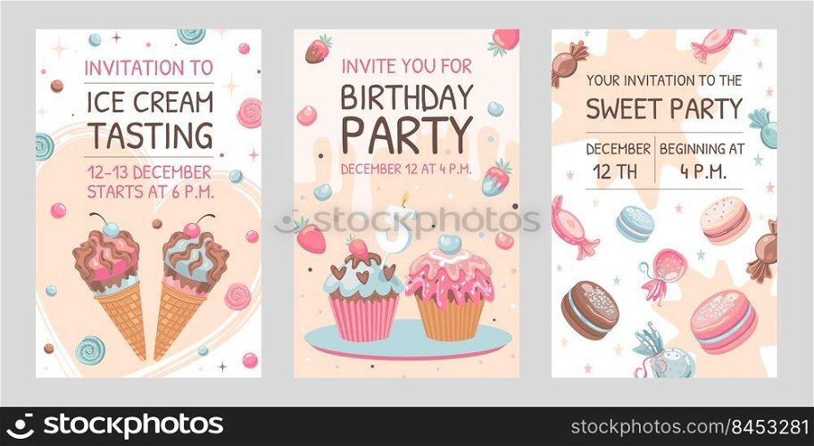 Invitation cards set with sweets. Ice cream, macaroons, birthday cupcakes vector illustrations with text, time, date. Celebration and dessert concept for flyers and announcement posters design