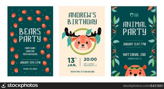 Invitation cards set with wild animals. Friendly cartoon reindeer, bear with decoration in boho style. Vector illustrations with text, time, date. Wildlife concept for party flyers and posters design