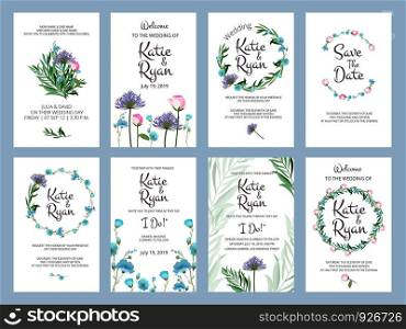 Invitation cards. Wedding floral placards love greeting beauty frames vector illustrations with place for your text. Illustration of invitation card wedding with floral decoration. Invitation cards. Wedding floral placards love greeting beauty frames vector illustrations with place for your text