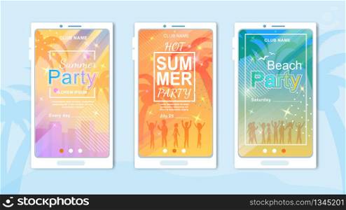 Invitation Cartoon Cards Set for Beach Party and Clubbing in Tropic Country. Active and Joyful Summer Vacation and Rest Tome. Vector Skyscrapers and Dancing People Silhouettes under Palms Illustration. Invitation Cards Set for Beach Party and Clubbing