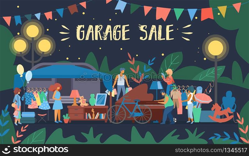Invitation Flyer is Written Garage Sale Cartoon. Retro Poster Night Sale Second Things and Furniture Near Garage. Flat Banner Man Examines Piano. Woman Buys Things. Vector Illustration.