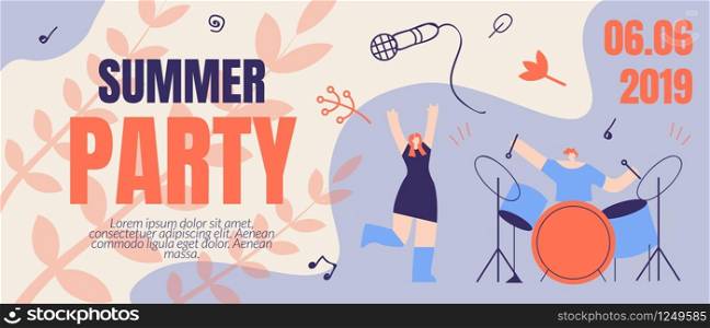 Invitation Flyer Summer Party Banner. Order Ticket to Party Online. Annual Musical Festival Event Summer. Man Plays Guitar, Beautiful Girls Dance and Have Fun. Vector Illustration Flat Disco.. Invitation Flyer Summer Party Banner Order Ticket