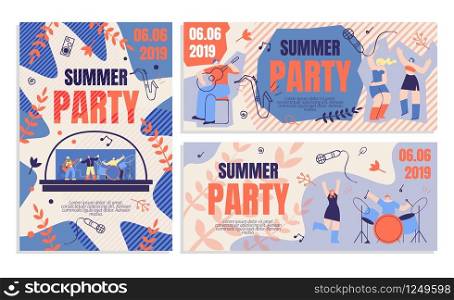 Invitation Flyer Summer Party Banner. Order Ticket to Party Online. Annual Musical Festival Event Summer. Man Plays Guitar, Beautiful Girls Dance and Have Fun. Vector Illustration Flat.. Invitation Flyer Summer Party Banner Order Ticket
