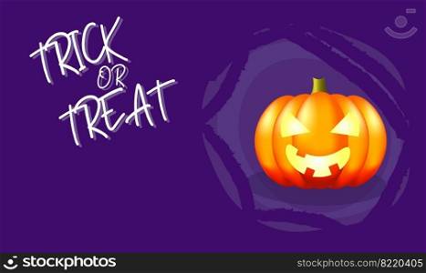 Invitation for Halloween trick or treat Party.  Isolated purple background card with  pumpkin. Vector illustration