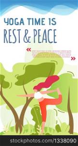 Invitation for Yoga Exercising Outdoor Mobile Page. Summer Time Healthy Recreation. Cartoon Woman Stretching, Doing Relaxing Asana on Nature. Sport in Park. Vector Motivational Flat Illustration. Invitation for Yoga Exercising Outdoor Mobile Page