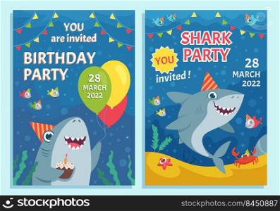 Invitation kids party. Print poster template with cute funny mascot cartoon shark and place for personal text exact vector picture set. Illustration of invitation poster cute decorative. Invitation kids party. Print poster template with cute funny mascot cartoon shark and place for personal text exact vector picture set