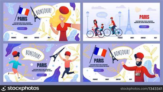 Invitation Landing Page Set with Paris Trip Offer. Welcome Flat Banner Template Kit. Vector Cartoon Happy People Tourists Taking Selfie, Riding Bikes Illustration. School Excursion to France for Kids. Invitation Landing Page Set with Paris Trip Offer