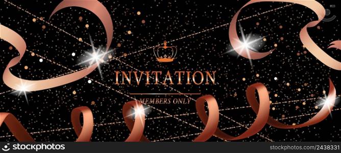Invitation Luxury Party festive banner with ribbon and sparks on black glitter background. Lettering can be used for flyers, certificates, coupons