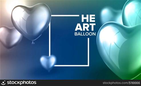 Invitation Postcard For Surprise Party Vector. Postcard Decorated By Realistic Glossy Blue And Green Flying Helium Balloon In Shape Of Heart For Rejoice On Anniversary Birthday Party. 3d Illustration. Invitation Postcard For Surprise Party Vector