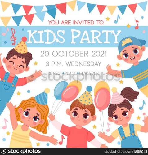 Invitation poster for birthday or kids party with cartoon characters. School or kindergarten event with happy boys and girls vector template. Cheerful friends gathering for event celebration
