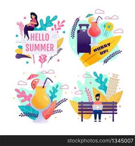 Invitation Set People on Vacation Illustration. Greeting Cards Inviting Rest on Tropical Island, Visit Europe Counties. Booking Tickets and Tour Online. Sharing Summer Memories. Vector Flat Cartoon. Invitation Set People on Vacation Illustration