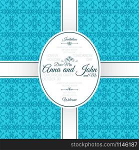 Invitation template card with blue arabic pattern, vector illustration. Invitation card with blue arabic pattern