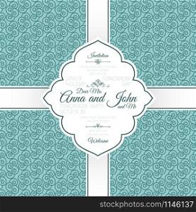 Invitation template card with blue decorative pattern with linear swirls, vector illustration. Card with blue swirls decorative pattern