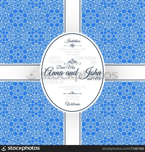 Invitation template card with blue geometric arabic pattern, vector illustration. Card with blue geometric arabic pattern