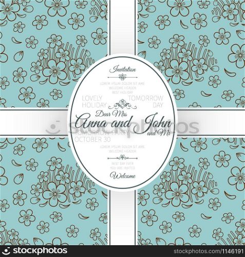 Invitation template card with blue japanese flowers pattern, vector illustration. Card with blue japanese flowers pattern