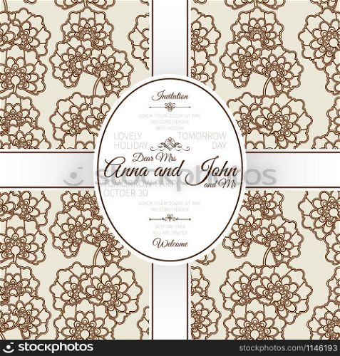 Invitation template card with brown chinese floral pattern, vector illustration. Card with brown chinese floral pattern
