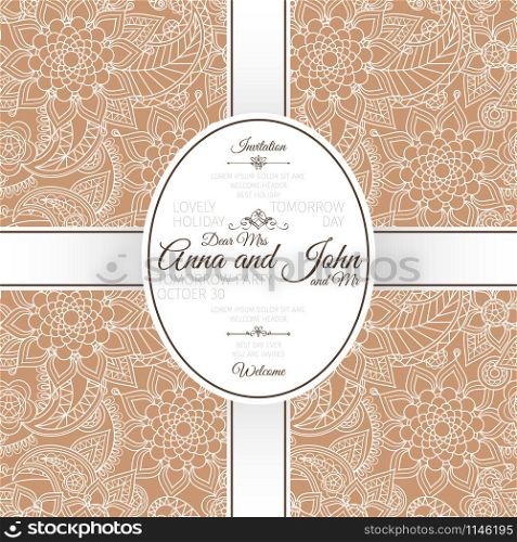 Invitation template card with brown indian paisley pattern, vector illustration. Card with brown indian paisley pattern