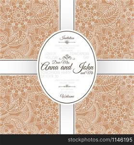 Invitation template card with brown indian paisley pattern, vector illustration. Card with brown indian paisley pattern