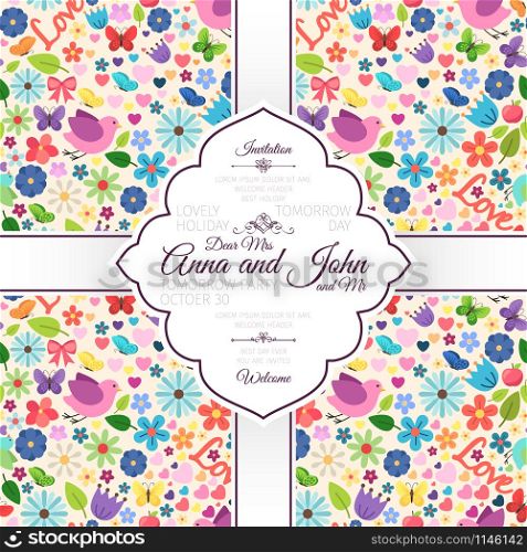 Invitation template card with cute spring love seamless pattern, vector illustration. Card with spring love seamless pattern